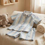 MiniBelly Half Shirt Pant Co-ord Set Vertical irregular watercolor stripes in blue and cream 100% Cotton - minibelly