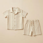 MiniBelly Half Shirt Pant Co-ord Set Vertical multi-width stripes in soft beige and cream tones 100% Cotton - minibelly