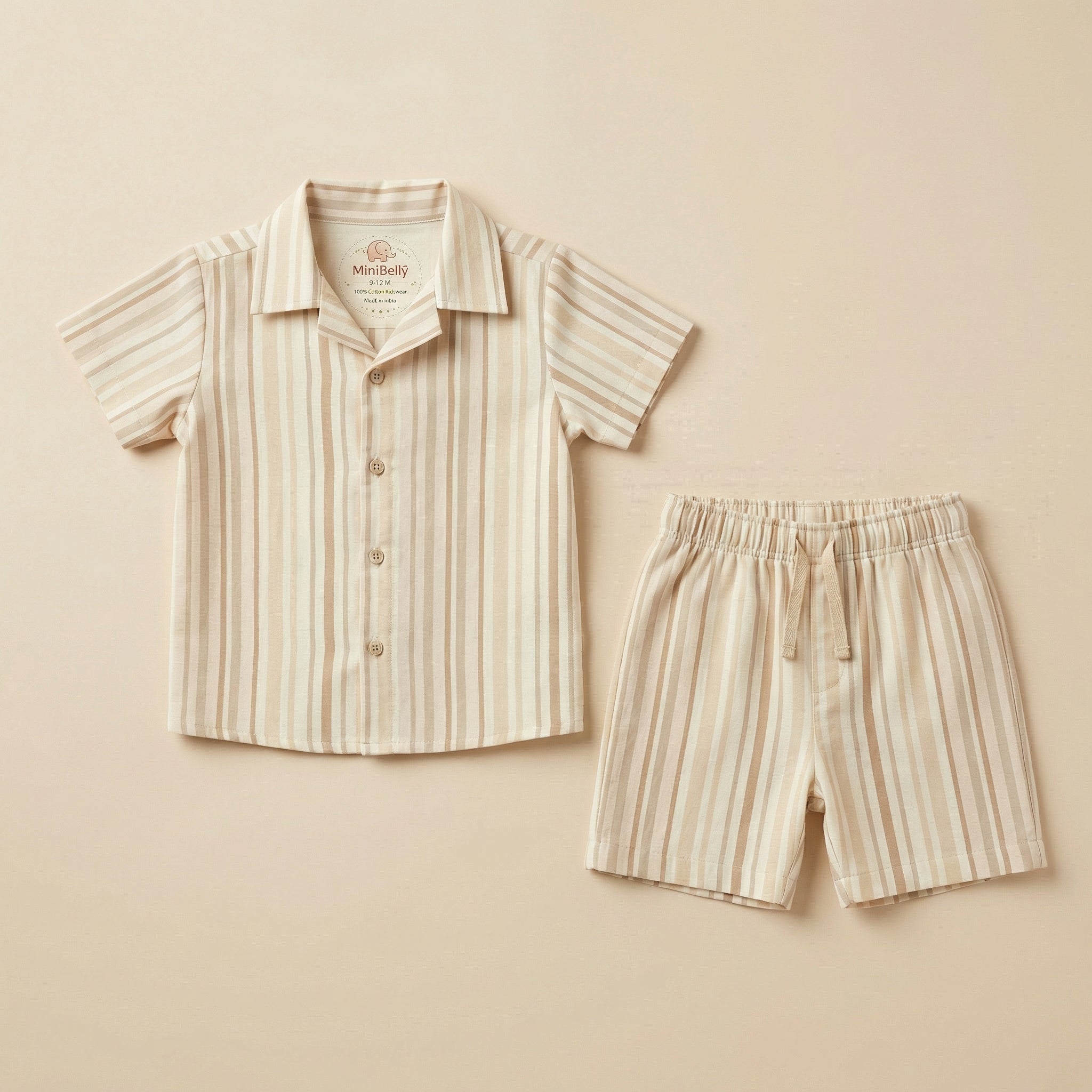 MiniBelly Half Shirt Pant Co-ord Set Vertical multi-width stripes in soft beige and cream tones 100% Cotton - minibelly