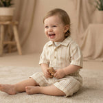 MiniBelly Half Shirt Pant Co-ord Set Vertical multi-width stripes in soft beige and cream tones 100% Cotton - minibelly
