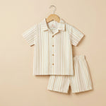 MiniBelly Half Shirt Pant Co-ord Set Vertical multi-width stripes in soft beige and cream tones 100% Cotton - minibelly