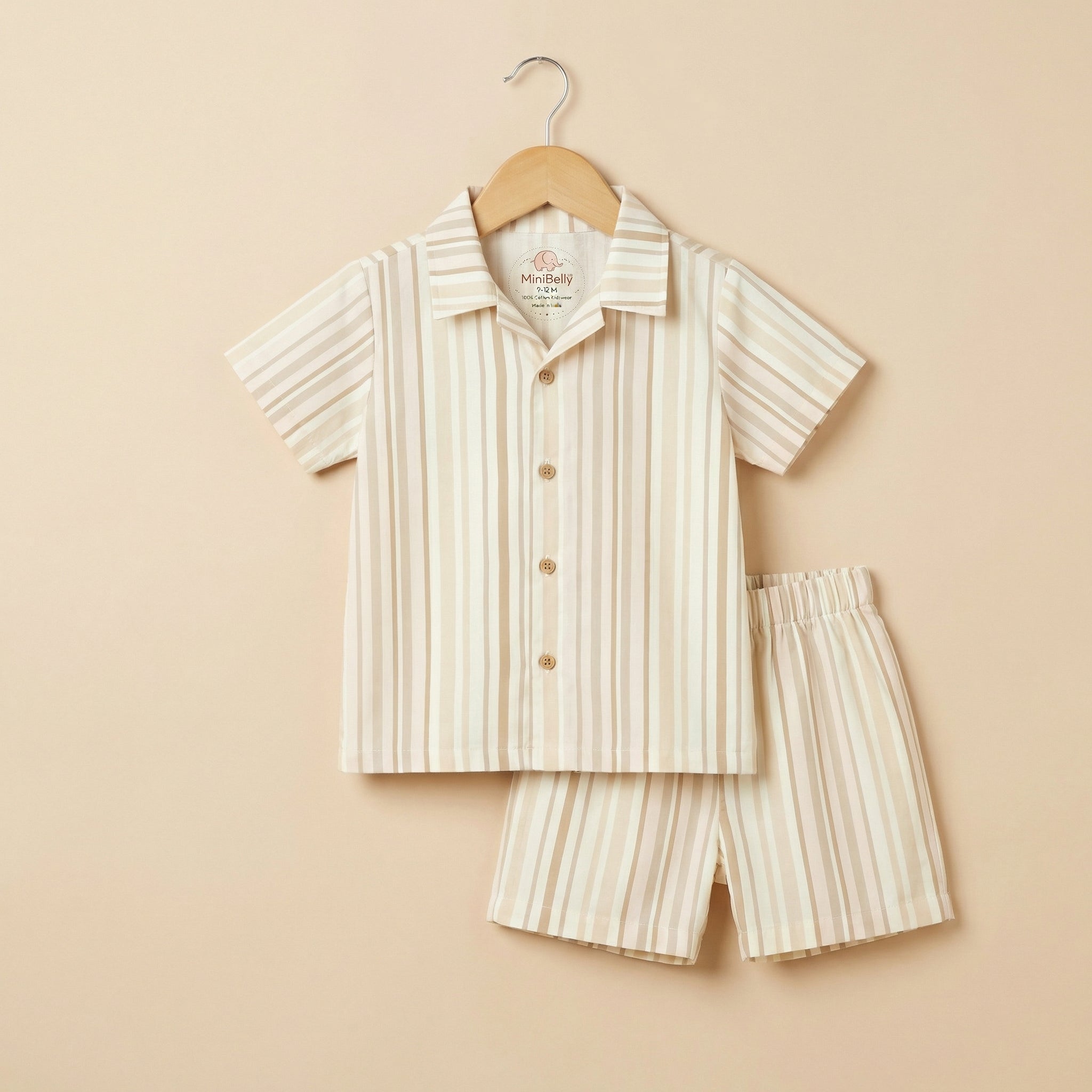 MiniBelly Half Shirt Pant Co-ord Set Vertical multi-width stripes in soft beige and cream tones 100% Cotton - minibelly