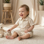 MiniBelly Half Shirt Pant Co-ord Set Vertical multi-width stripes in soft beige and cream tones 100% Cotton - minibelly