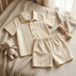 MiniBelly Half Shirt Pant Co-ord Set Vertical multi-width stripes in soft beige and cream tones 100% Cotton - minibelly