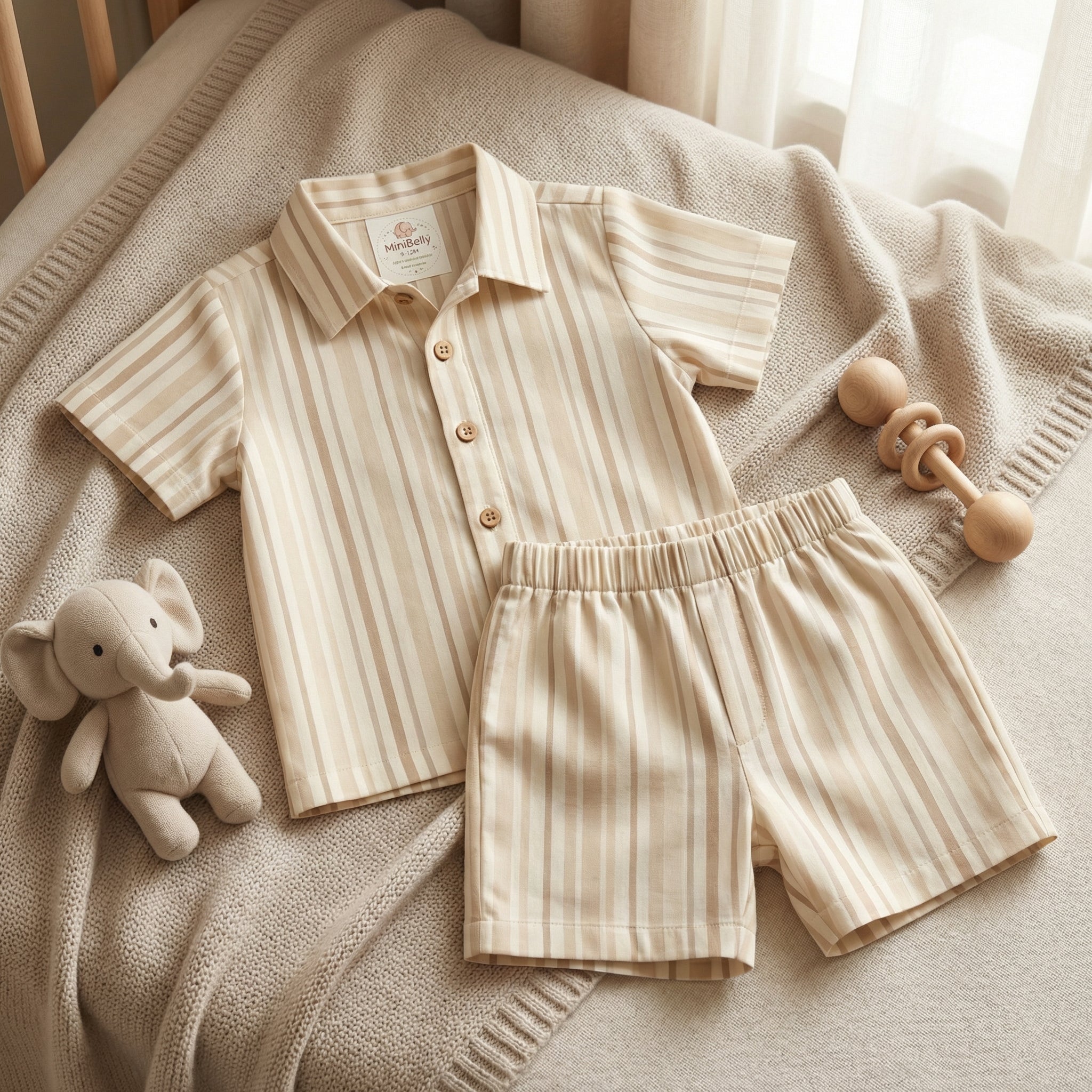 MiniBelly Half Shirt Pant Co-ord Set Vertical multi-width stripes in soft beige and cream tones 100% Cotton - minibelly