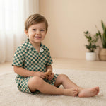 MiniBelly Half Shirt Pant Co-ord Set Cute teddy bear faces on green and cream checkerboard pattern 100% Cotton - minibelly