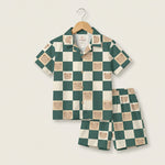 MiniBelly Half Shirt Pant Co-ord Set Cute teddy bear faces on green and cream checkerboard pattern 100% Cotton - minibelly