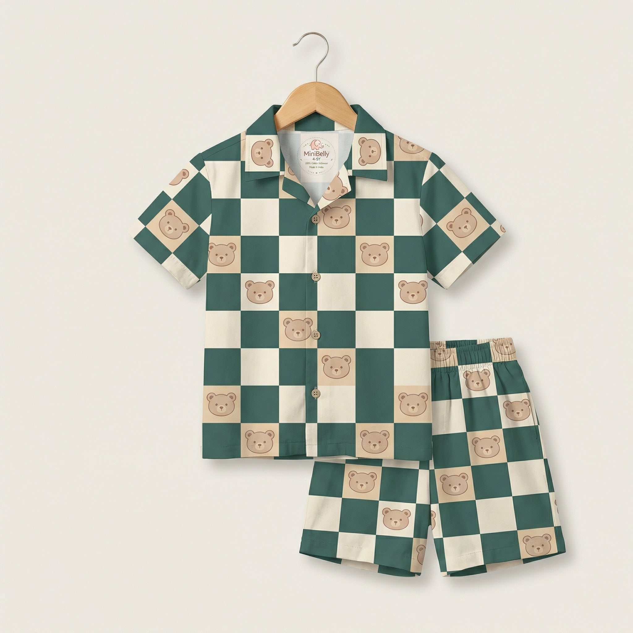 MiniBelly Half Shirt Pant Co-ord Set Cute teddy bear faces on green and cream checkerboard pattern 100% Cotton - minibelly