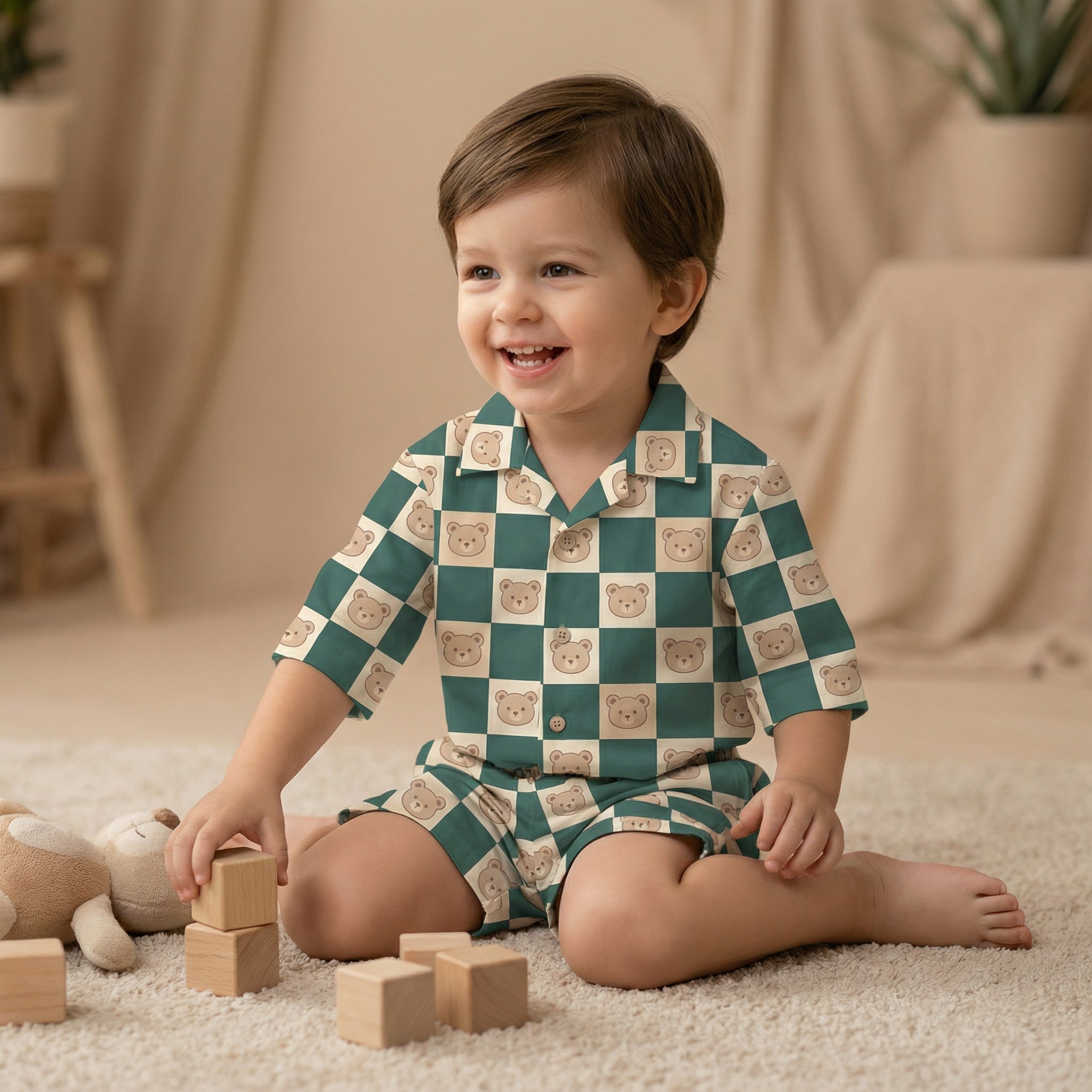MiniBelly Half Shirt Pant Co-ord Set Cute teddy bear faces on green and cream checkerboard pattern 100% Cotton - minibelly