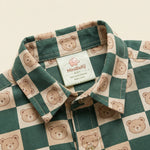 MiniBelly Half Shirt Pant Co-ord Set Cute teddy bear faces on green and cream checkerboard pattern 100% Cotton - minibelly