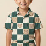 MiniBelly Half Shirt Pant Co-ord Set Cute teddy bear faces on green and cream checkerboard pattern 100% Cotton - minibelly
