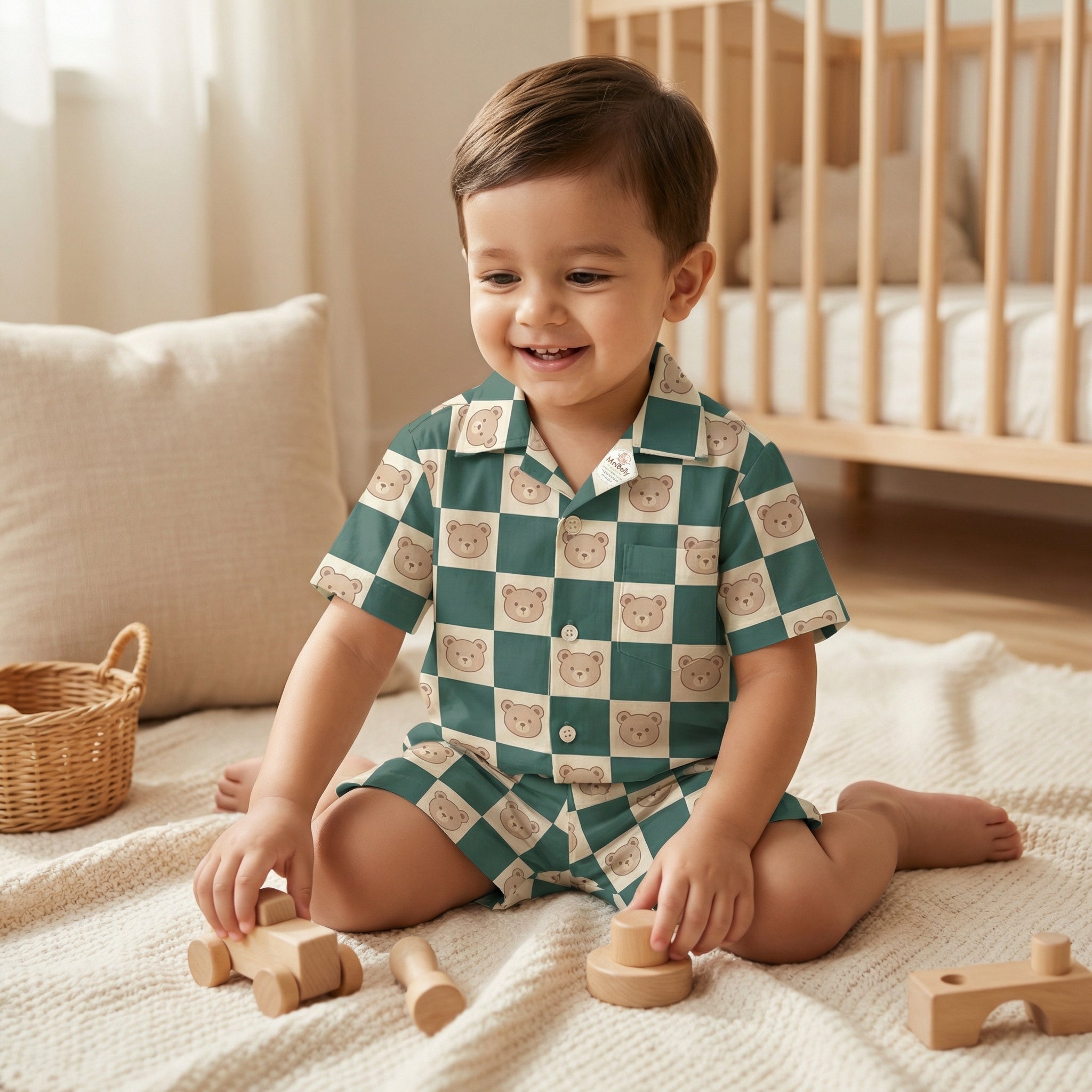 MiniBelly Half Shirt Pant Co-ord Set Cute teddy bear faces on green and cream checkerboard pattern 100% Cotton - minibelly
