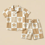 MiniBelly Half Shirt Pant Co-ord Set Cute cartoon giraffe faces on alternating beige and white checkerboard grid 100% Cotton - minibelly