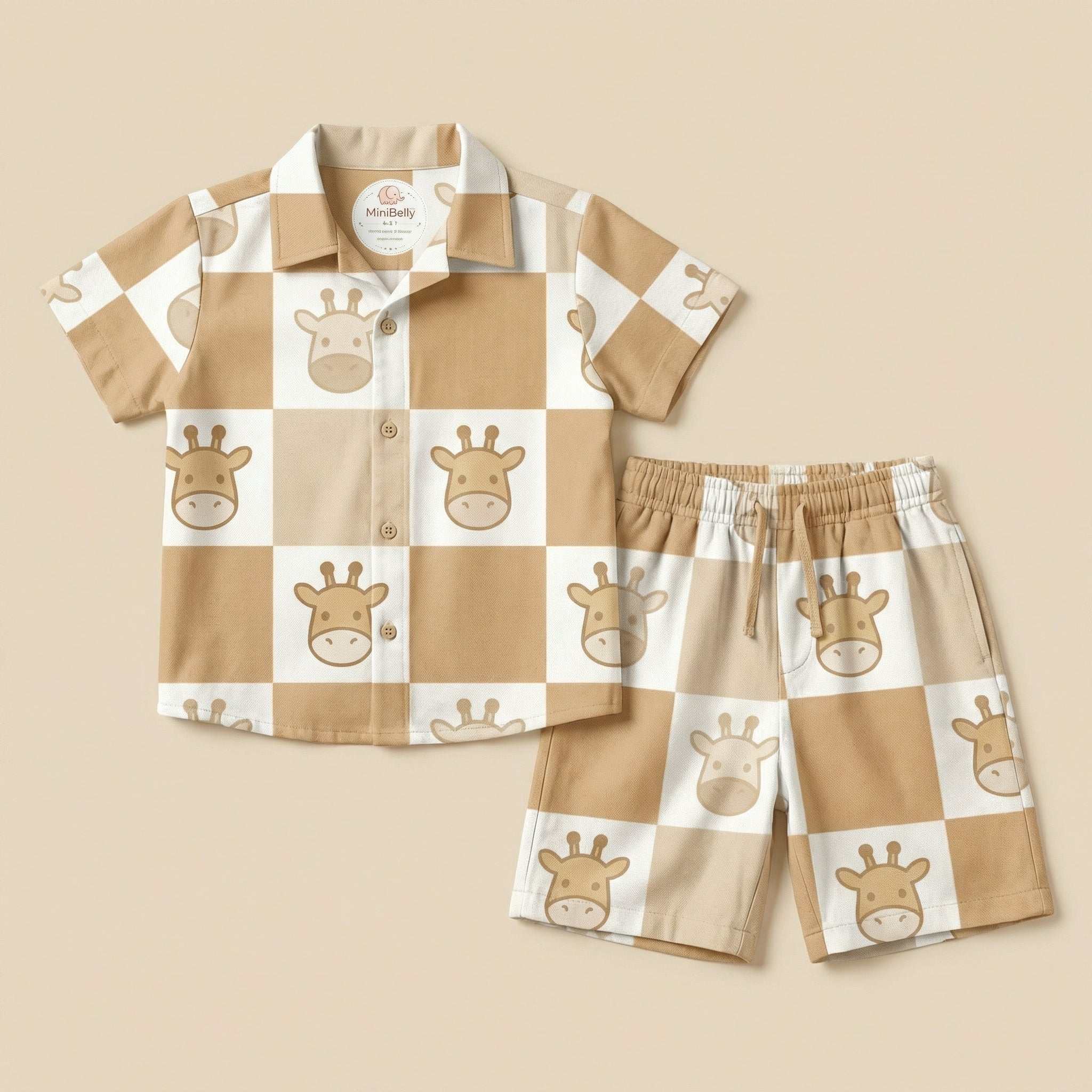 MiniBelly Half Shirt Pant Co-ord Set Cute cartoon giraffe faces on alternating beige and white checkerboard grid 100% Cotton - minibelly