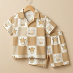 MiniBelly Half Shirt Pant Co-ord Set Cute cartoon giraffe faces on alternating beige and white checkerboard grid 100% Cotton - minibelly