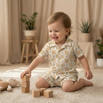 MiniBelly Half Shirt Pant Co-ord Set Cute cartoon giraffe faces on alternating beige and white checkerboard grid 100% Cotton - minibelly