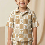 MiniBelly Half Shirt Pant Co-ord Set Cute cartoon giraffe faces on alternating beige and white checkerboard grid 100% Cotton - minibelly