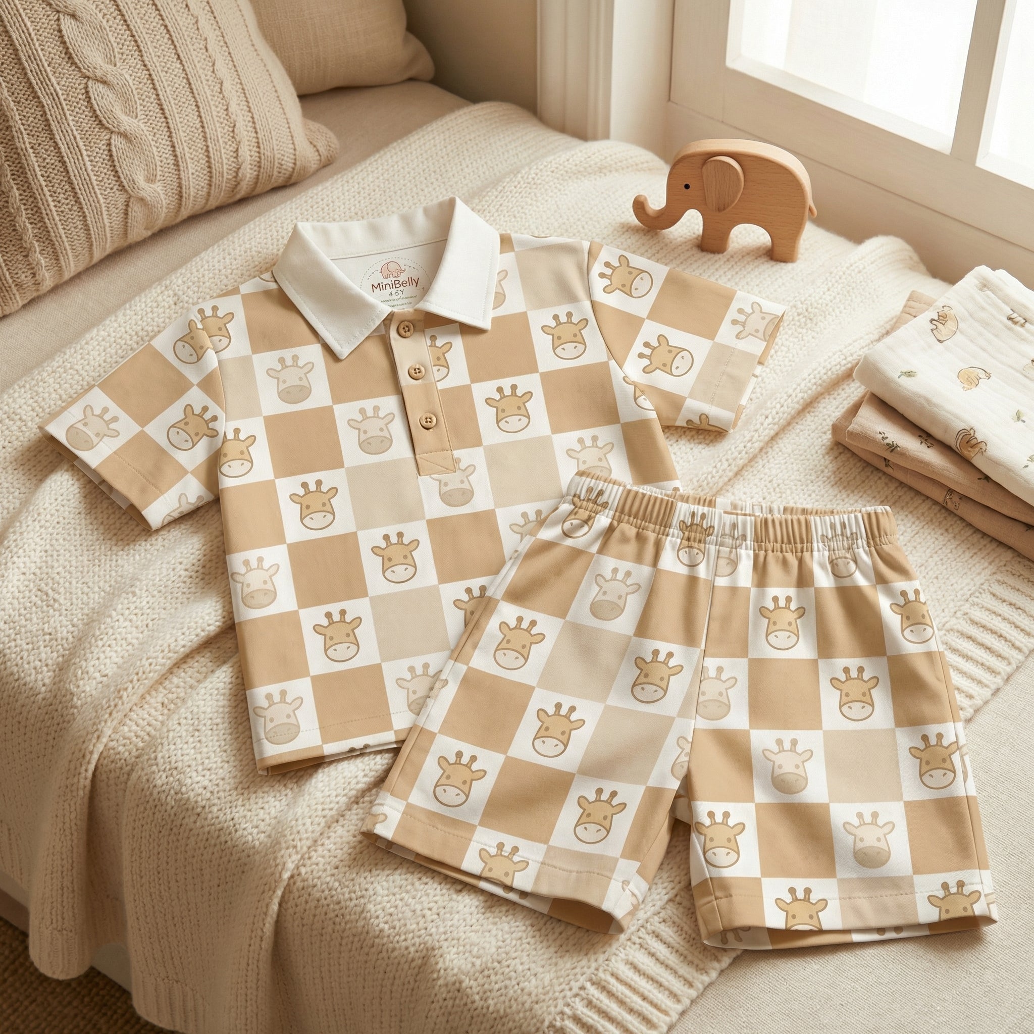 MiniBelly Half Shirt Pant Co-ord Set Cute cartoon giraffe faces on alternating beige and white checkerboard grid 100% Cotton - minibelly