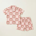 MiniBelly Half Shirt Pant Co-ord Set Cute cartoon bunnies on dusty pink rounded square tiles 100% Cotton - minibelly