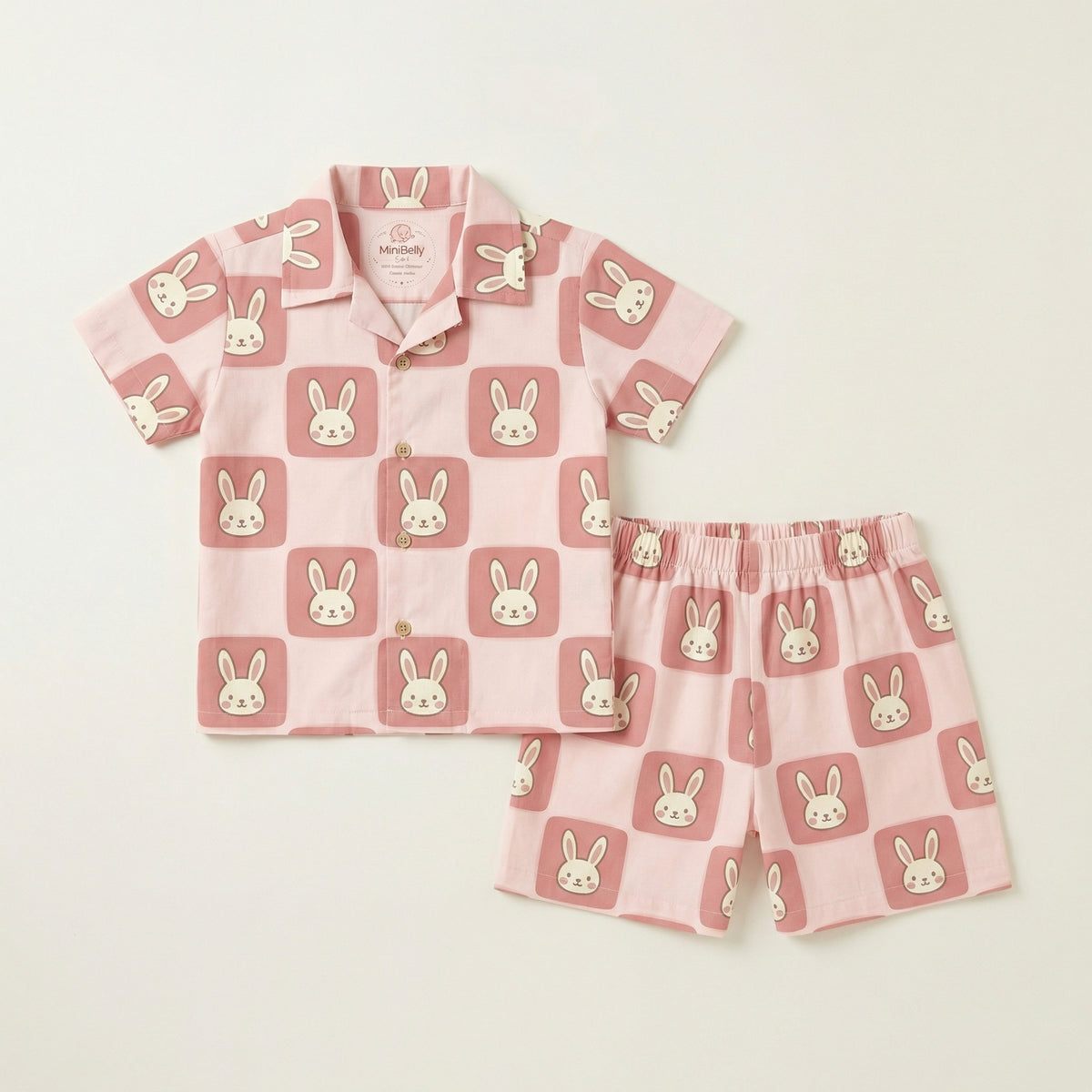 MiniBelly Half Shirt Pant Co-ord Set Cute cartoon bunnies on dusty pink rounded square tiles 100% Cotton - minibelly