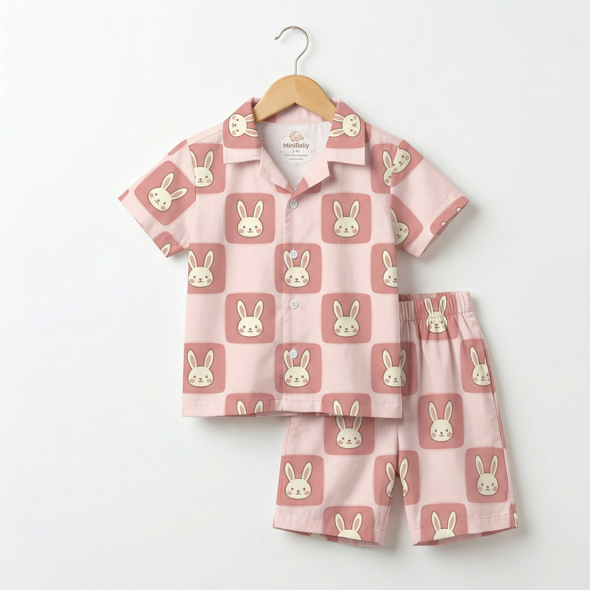 MiniBelly Half Shirt Pant Co-ord Set Cute cartoon bunnies on dusty pink rounded square tiles 100% Cotton - minibelly