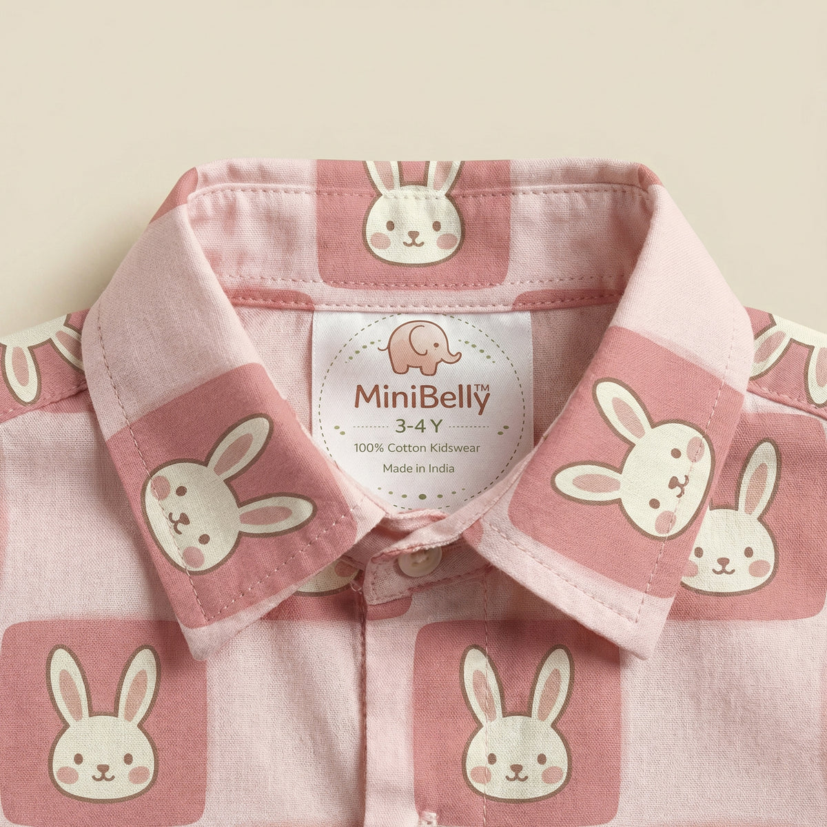 MiniBelly Half Shirt Pant Co-ord Set Cute cartoon bunnies on dusty pink rounded square tiles 100% Cotton - minibelly