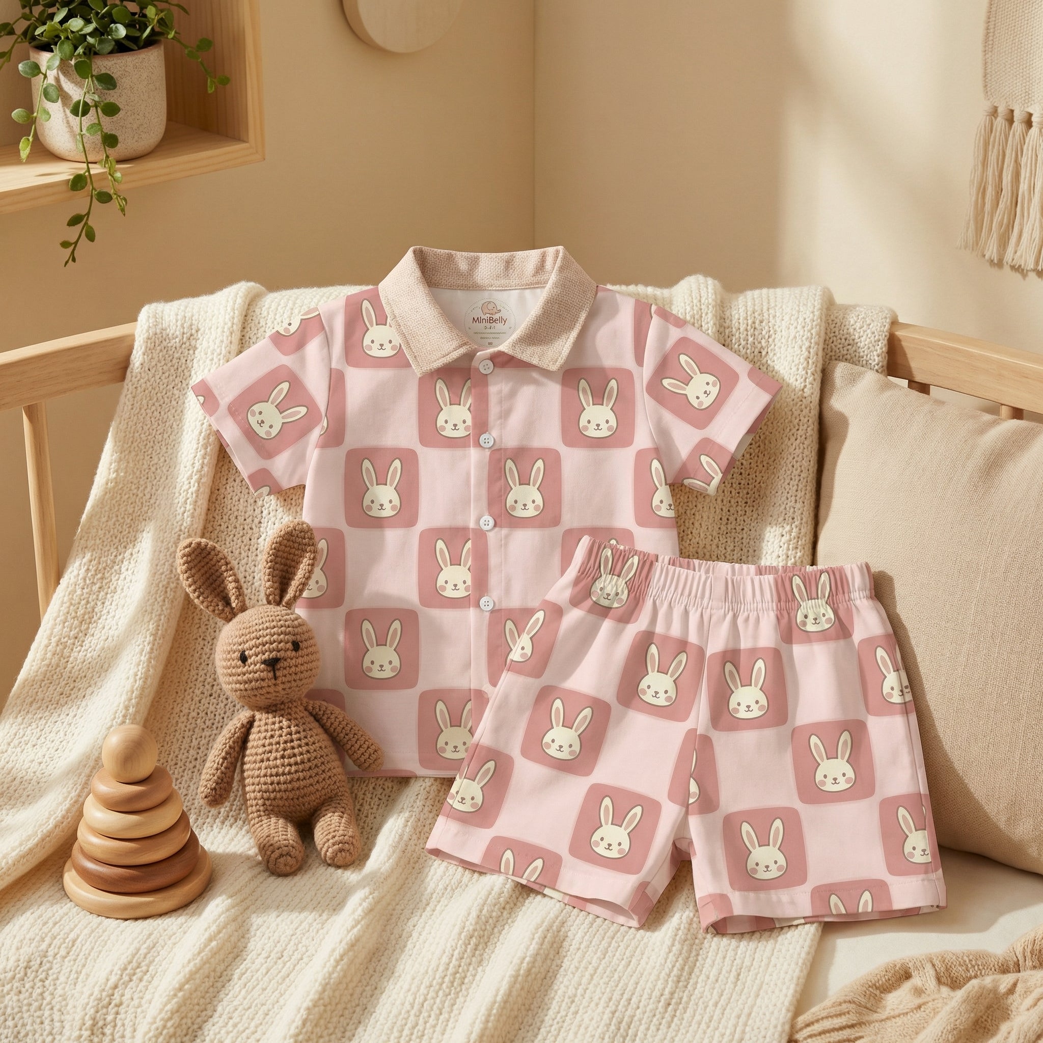 MiniBelly Half Shirt Pant Co-ord Set Cute cartoon bunnies on dusty pink rounded square tiles 100% Cotton - minibelly