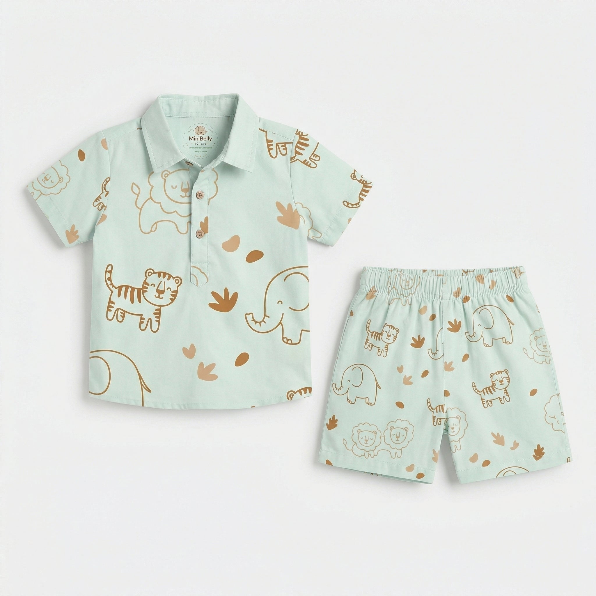 MiniBelly Half Shirt Pant Co-ord Set Cute line art safari animals including lions, tigers, and elephants 100% Cotton - minibelly