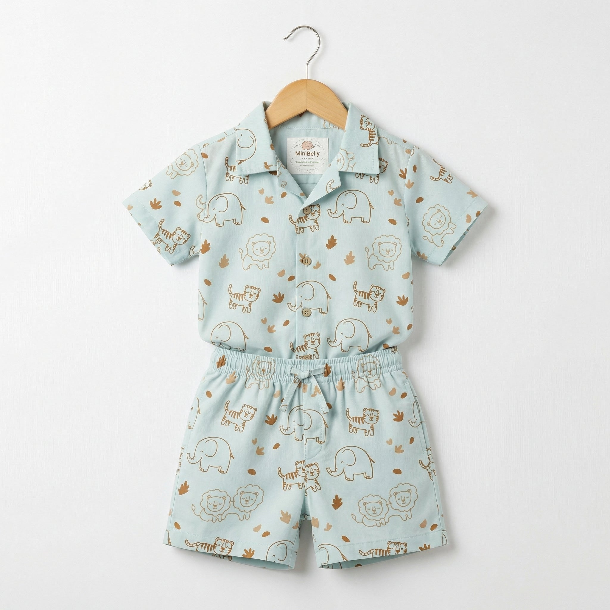 MiniBelly Half Shirt Pant Co-ord Set Cute line art safari animals including lions, tigers, and elephants 100% Cotton - minibelly
