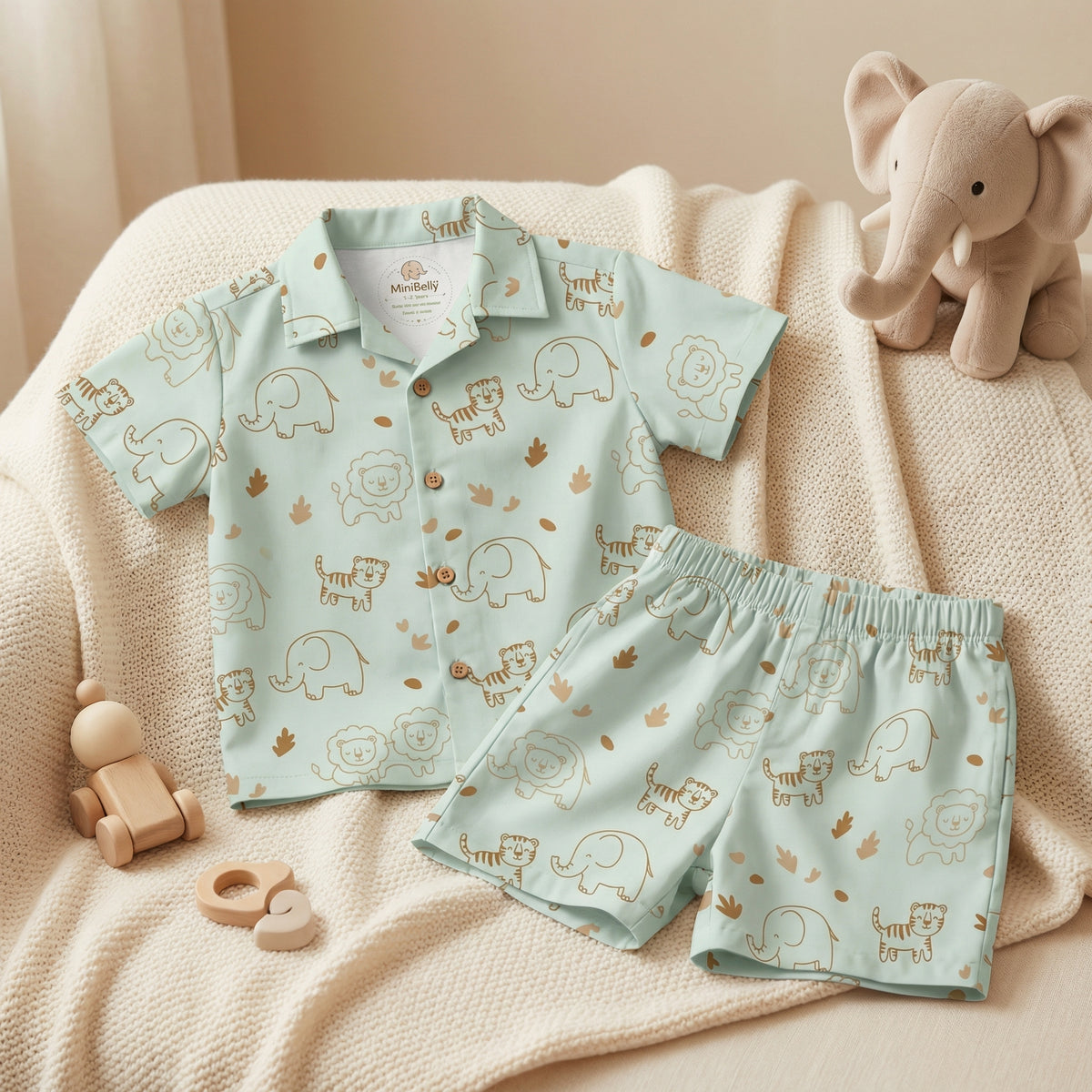 MiniBelly Half Shirt Pant Co-ord Set Cute line art safari animals including lions, tigers, and elephants 100% Cotton - minibelly