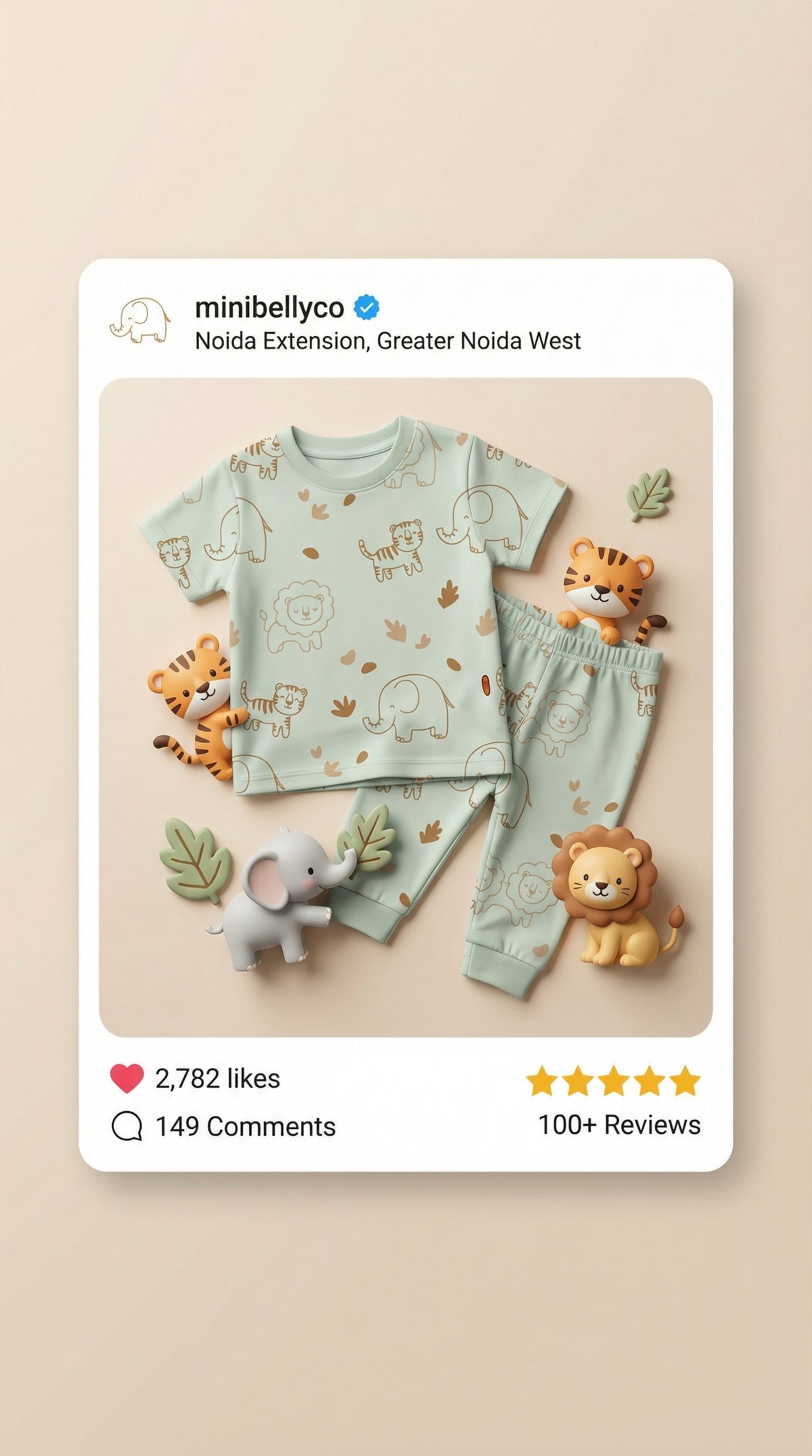 MiniBelly Half Shirt Pant Co-ord Set Cute line art safari animals including lions, tigers, and elephants 100% Cotton - minibelly