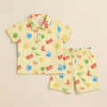 MiniBelly Half Shirt Pant Co-ord Set Whimsical watercolor summer pattern with suns, citrus, tickets, and stamps 100% Cotton - minibelly