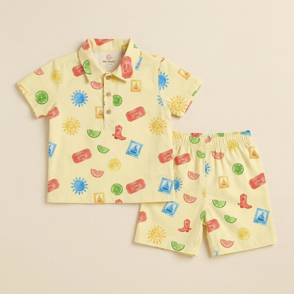 MiniBelly Half Shirt Pant Co-ord Set Whimsical watercolor summer pattern with suns, citrus, tickets, and stamps 100% Cotton - minibelly