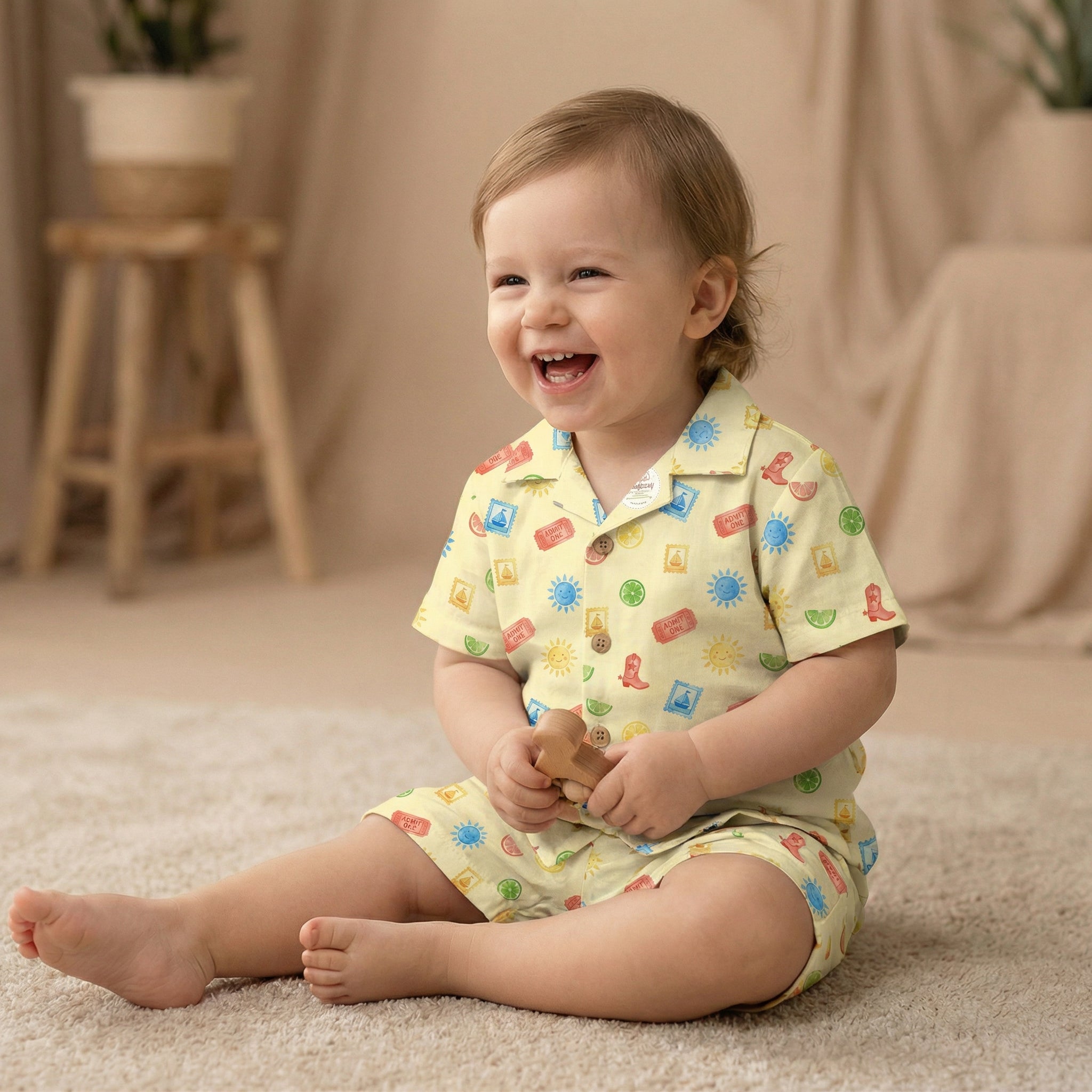 MiniBelly Half Shirt Pant Co-ord Set Whimsical watercolor summer pattern with suns, citrus, tickets, and stamps 100% Cotton - minibelly