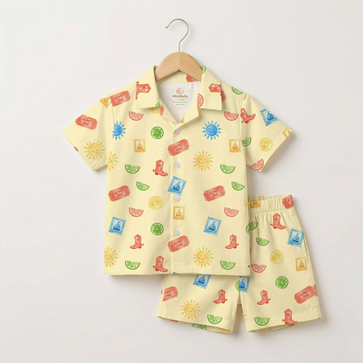 MiniBelly Half Shirt Pant Co-ord Set Whimsical watercolor summer pattern with suns, citrus, tickets, and stamps 100% Cotton - minibelly