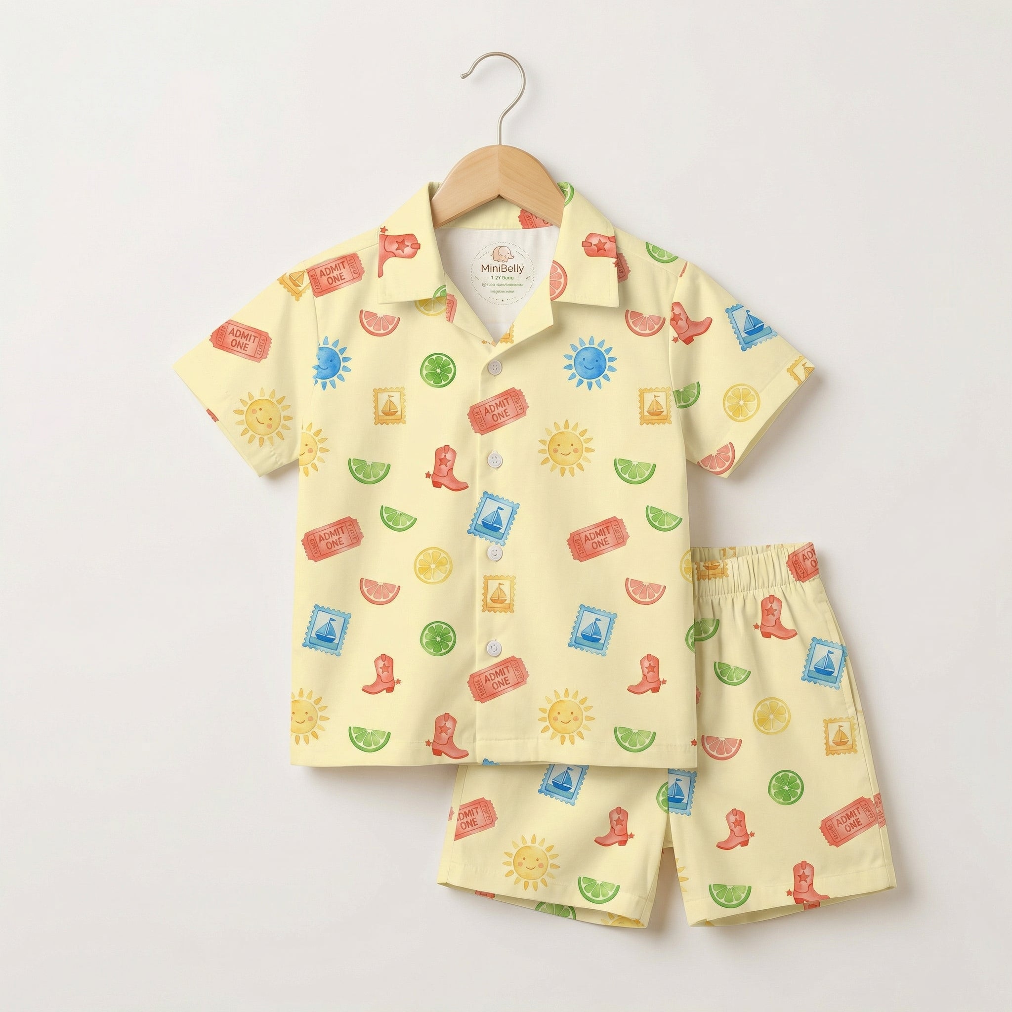 MiniBelly Half Shirt Pant Co-ord Set Whimsical watercolor summer pattern with suns, citrus, tickets, and stamps 100% Cotton - minibelly
