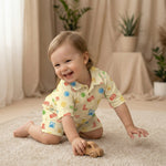 MiniBelly Half Shirt Pant Co-ord Set Whimsical watercolor summer pattern with suns, citrus, tickets, and stamps 100% Cotton - minibelly