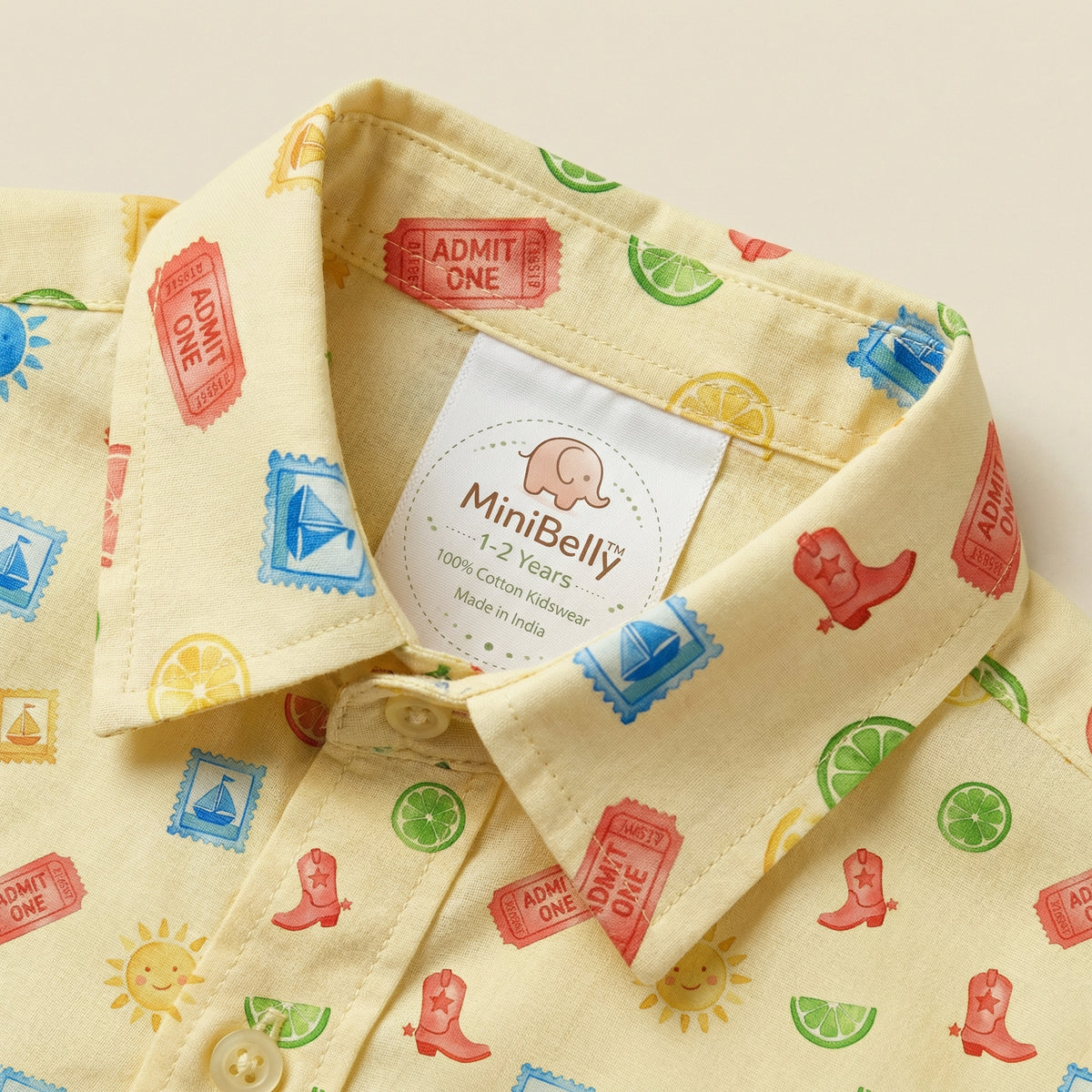 MiniBelly Half Shirt Pant Co-ord Set Whimsical watercolor summer pattern with suns, citrus, tickets, and stamps 100% Cotton - minibelly