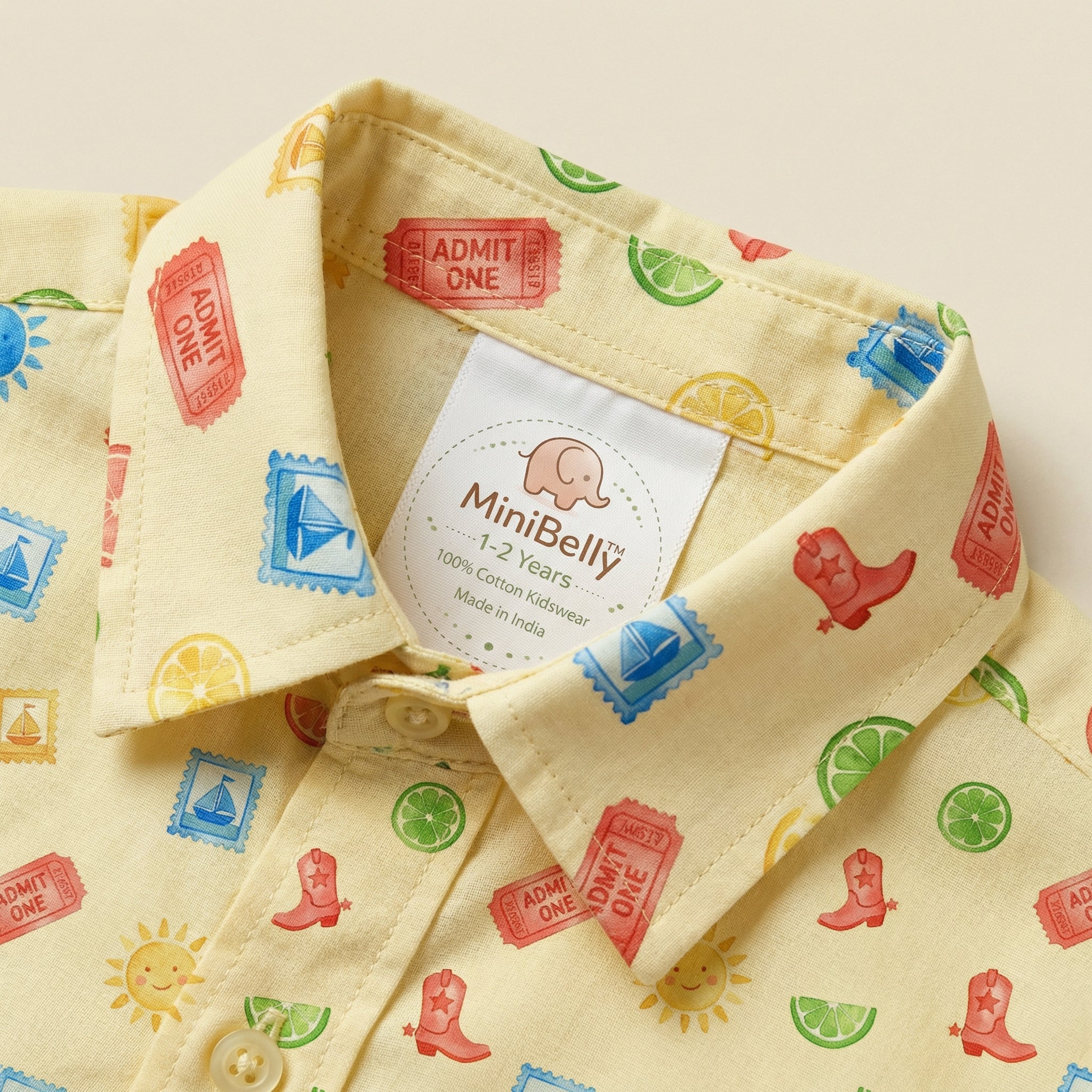 MiniBelly Half Shirt Pant Co-ord Set Whimsical watercolor summer pattern with suns, citrus, tickets, and stamps 100% Cotton - minibelly