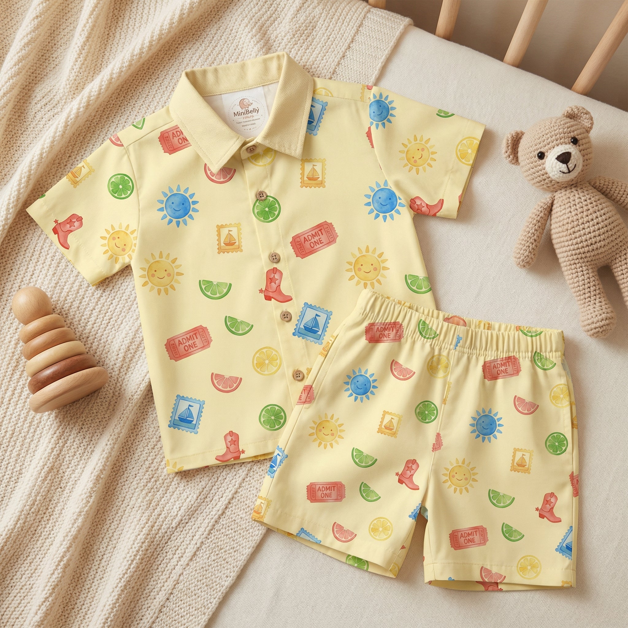 MiniBelly Half Shirt Pant Co-ord Set Whimsical watercolor summer pattern with suns, citrus, tickets, and stamps 100% Cotton - minibelly