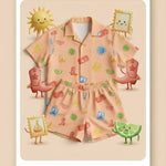 MiniBelly Half Shirt Pant Co-ord Set Whimsical watercolor summer pattern with suns, citrus, tickets, and stamps 100% Cotton - minibelly