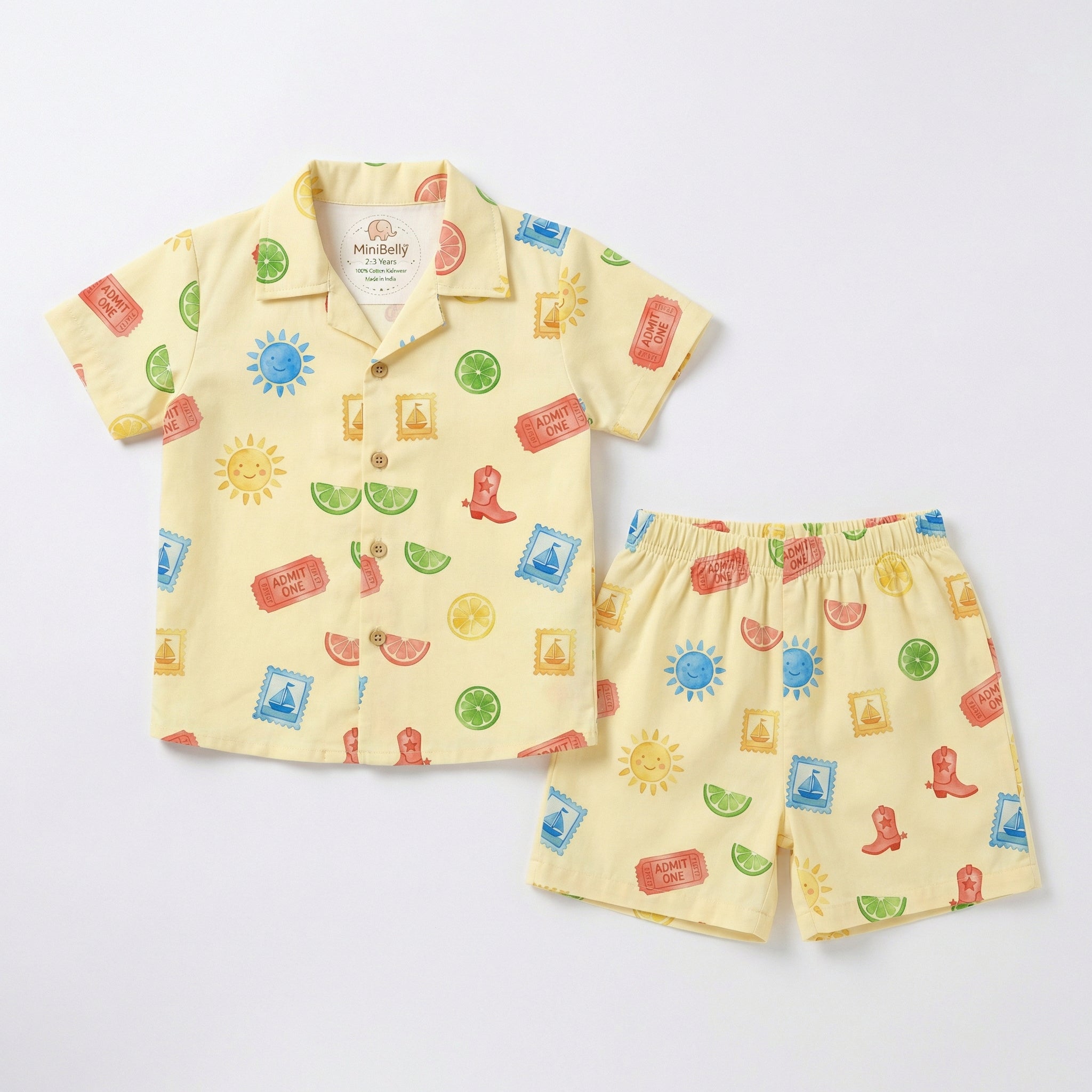 MiniBelly Half Shirt Pant Co-ord Set Whimsical watercolor summer pattern with suns, citrus, tickets, and stamps 100% Cotton - minibelly