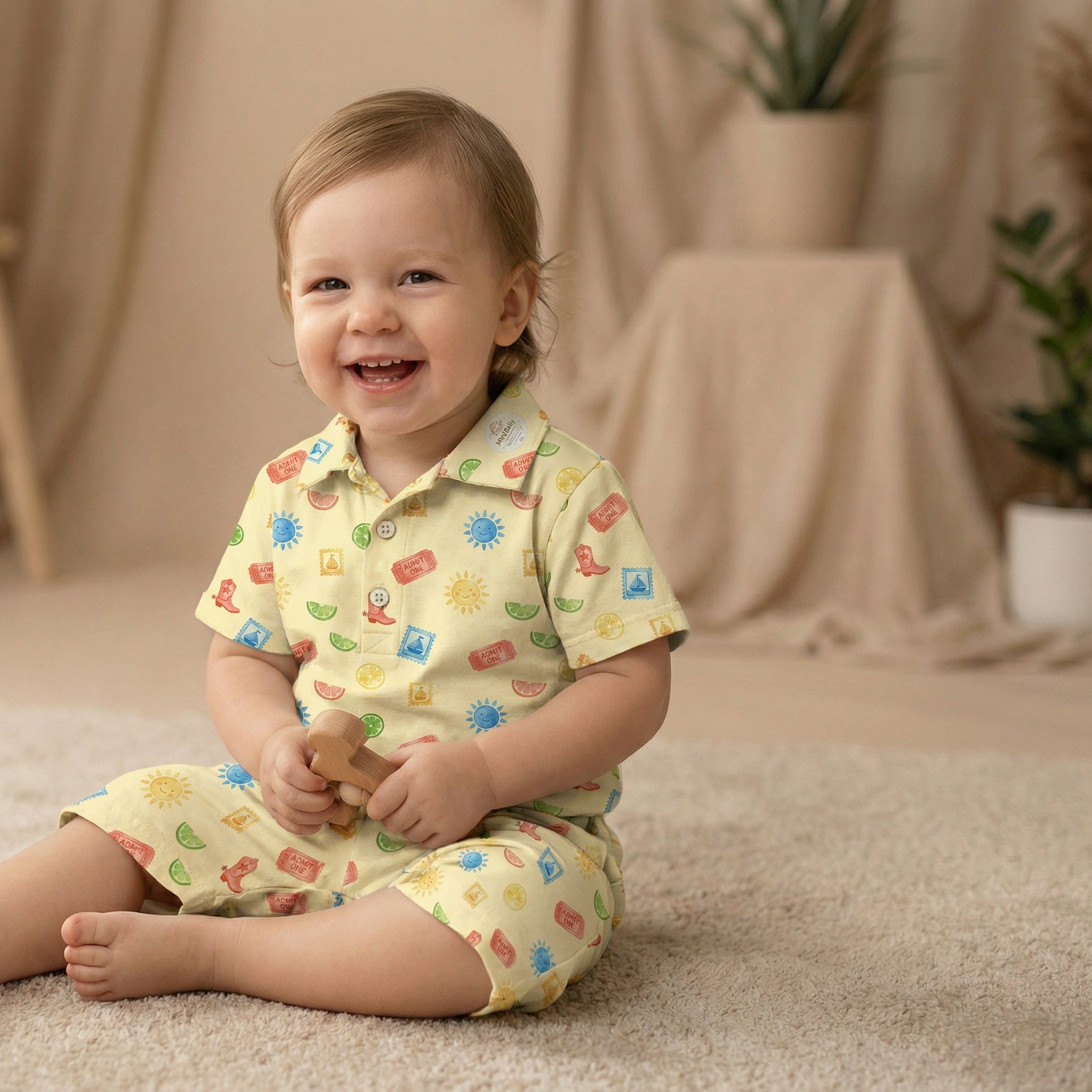 MiniBelly Half Shirt Pant Co-ord Set Whimsical watercolor summer pattern with suns, citrus, tickets, and stamps 100% Cotton - minibelly