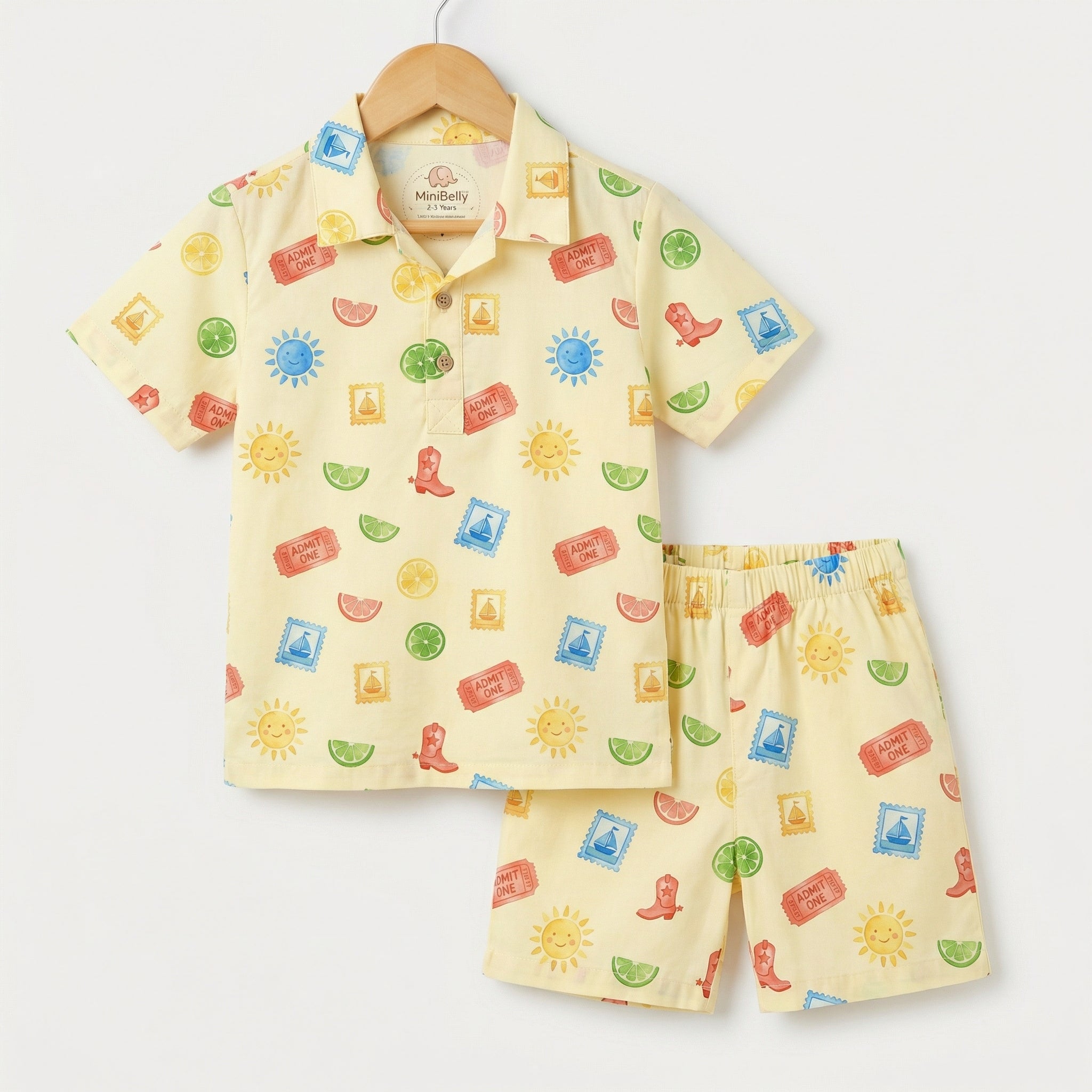 MiniBelly Half Shirt Pant Co-ord Set Whimsical watercolor summer pattern with suns, citrus, tickets, and stamps 100% Cotton - minibelly