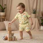 MiniBelly Half Shirt Pant Co-ord Set Whimsical watercolor summer pattern with suns, citrus, tickets, and stamps 100% Cotton - minibelly