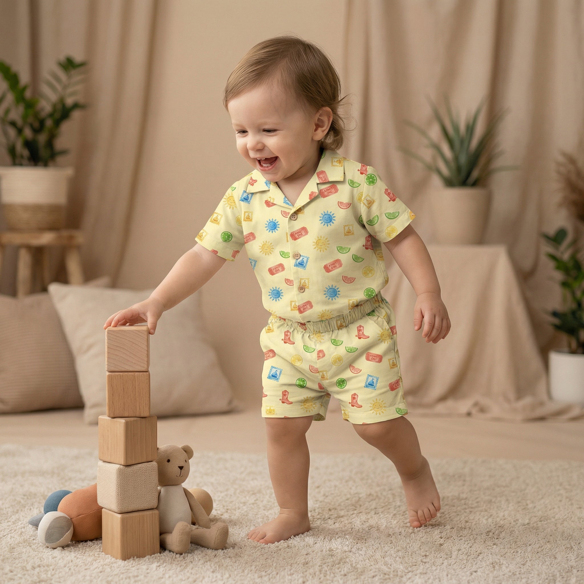 MiniBelly Half Shirt Pant Co-ord Set Whimsical watercolor summer pattern with suns, citrus, tickets, and stamps 100% Cotton - minibelly