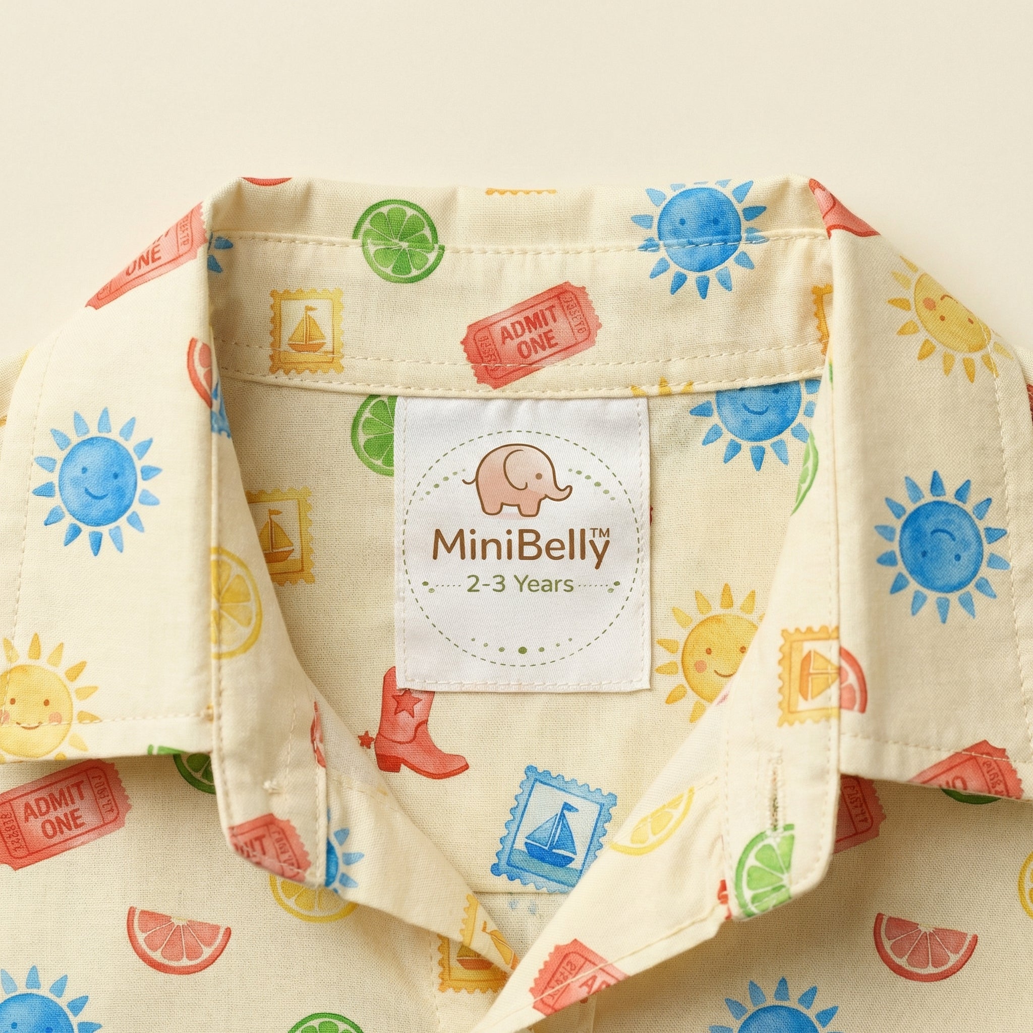 MiniBelly Half Shirt Pant Co-ord Set Whimsical watercolor summer pattern with suns, citrus, tickets, and stamps 100% Cotton - minibelly