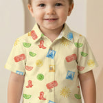 MiniBelly Half Shirt Pant Co-ord Set Whimsical watercolor summer pattern with suns, citrus, tickets, and stamps 100% Cotton - minibelly