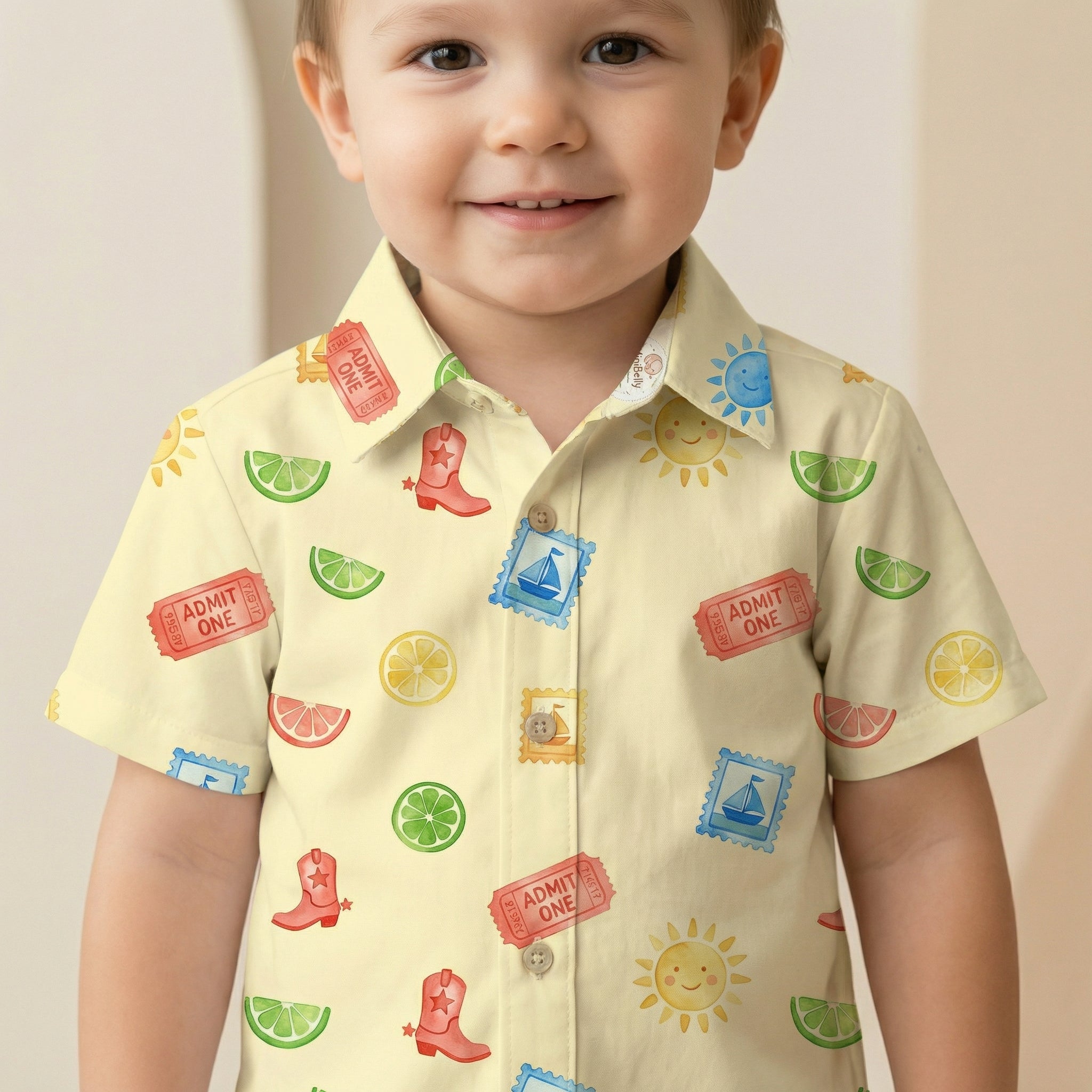 MiniBelly Half Shirt Pant Co-ord Set Whimsical watercolor summer pattern with suns, citrus, tickets, and stamps 100% Cotton - minibelly