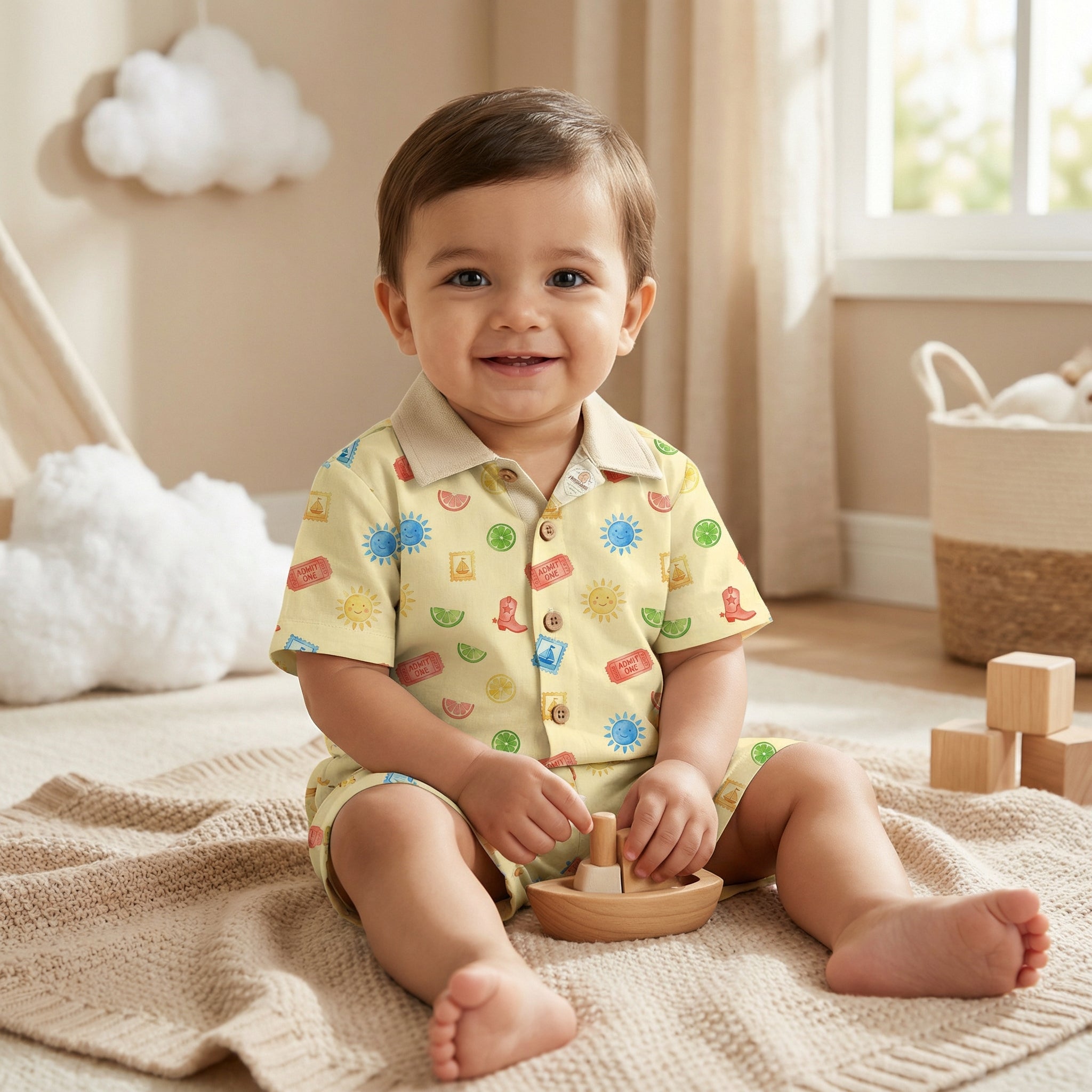 MiniBelly Half Shirt Pant Co-ord Set Whimsical watercolor summer pattern with suns, citrus, tickets, and stamps 100% Cotton - minibelly